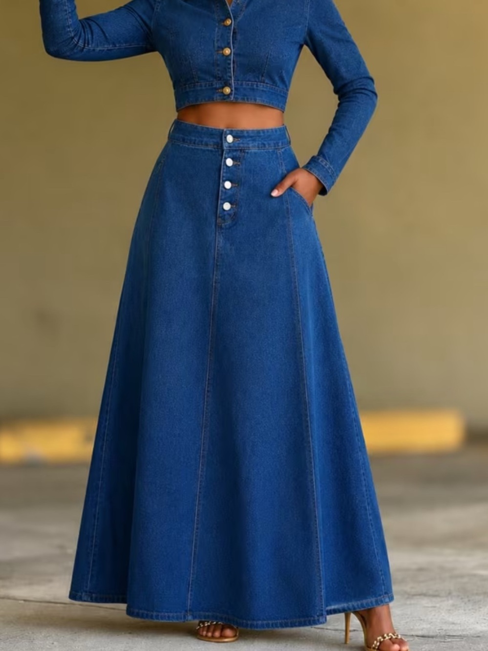 Dark Wash Button-Front A-Line Denim Maxi Skirt XL